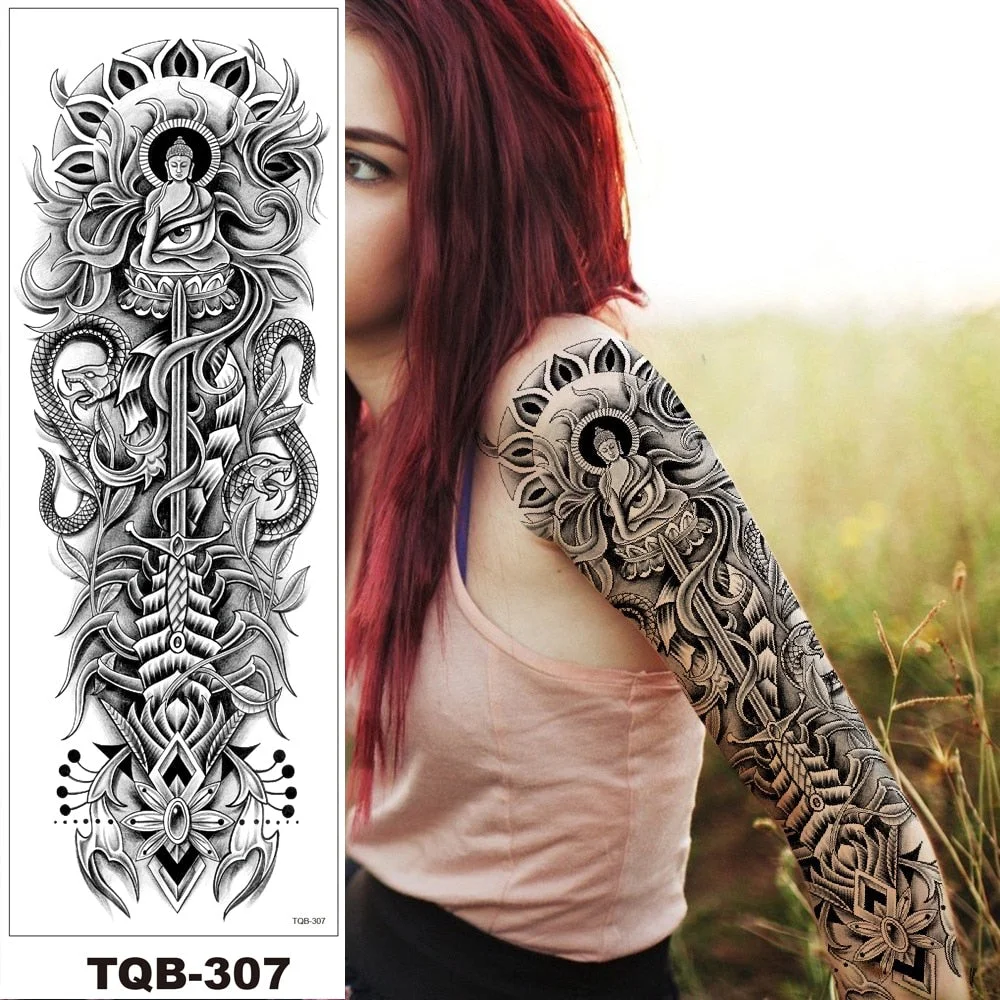 Full Flower Arm Temporary Tattoos Stickers Man Woman Girls Leg Fake Tatoo Lotus Buddhism Pray Cross Wing Drop Shipping DIY