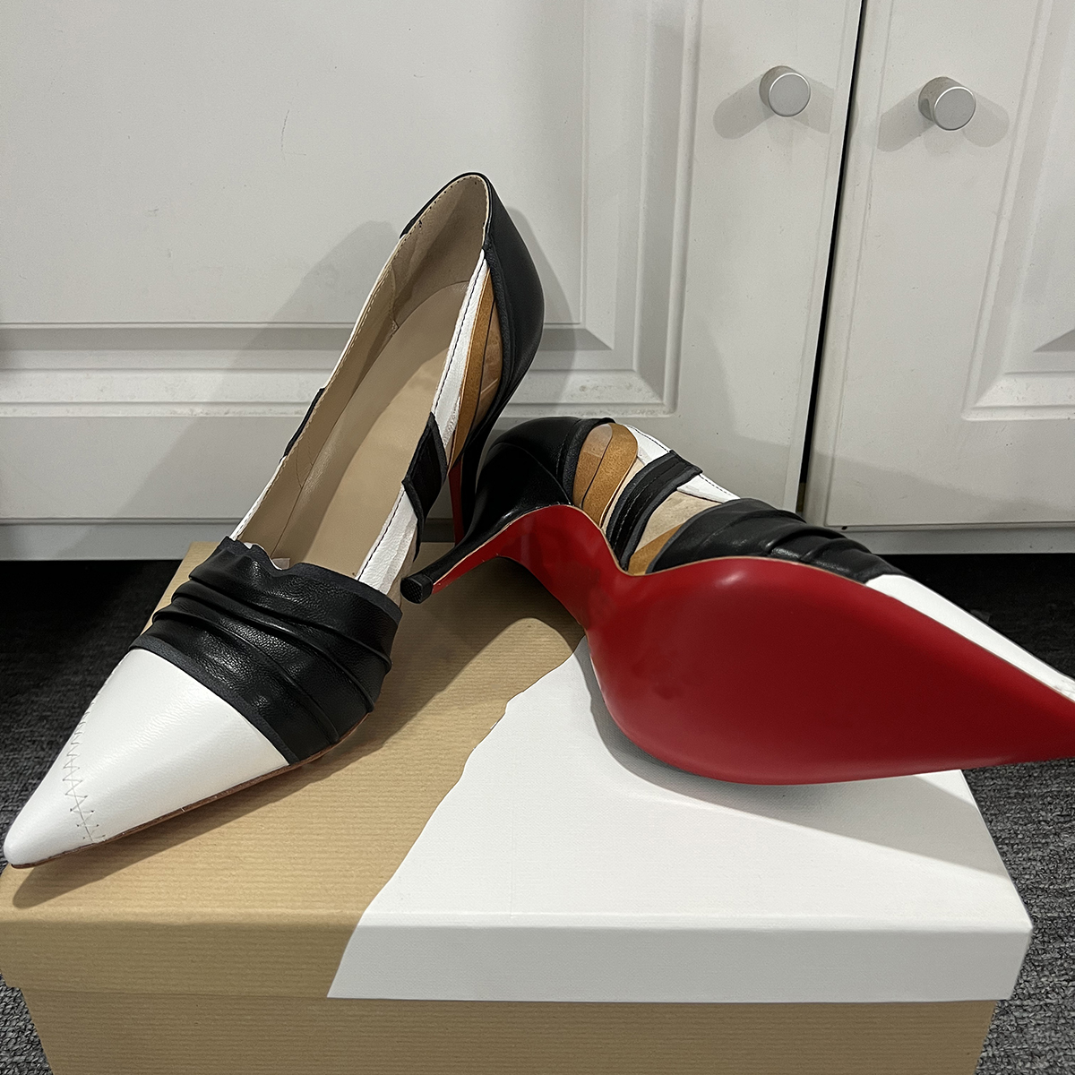 100mm Women's Pointed stilettos Splicing High Heels Red Bottom Shoes Genuine Leather -MERUMOTE