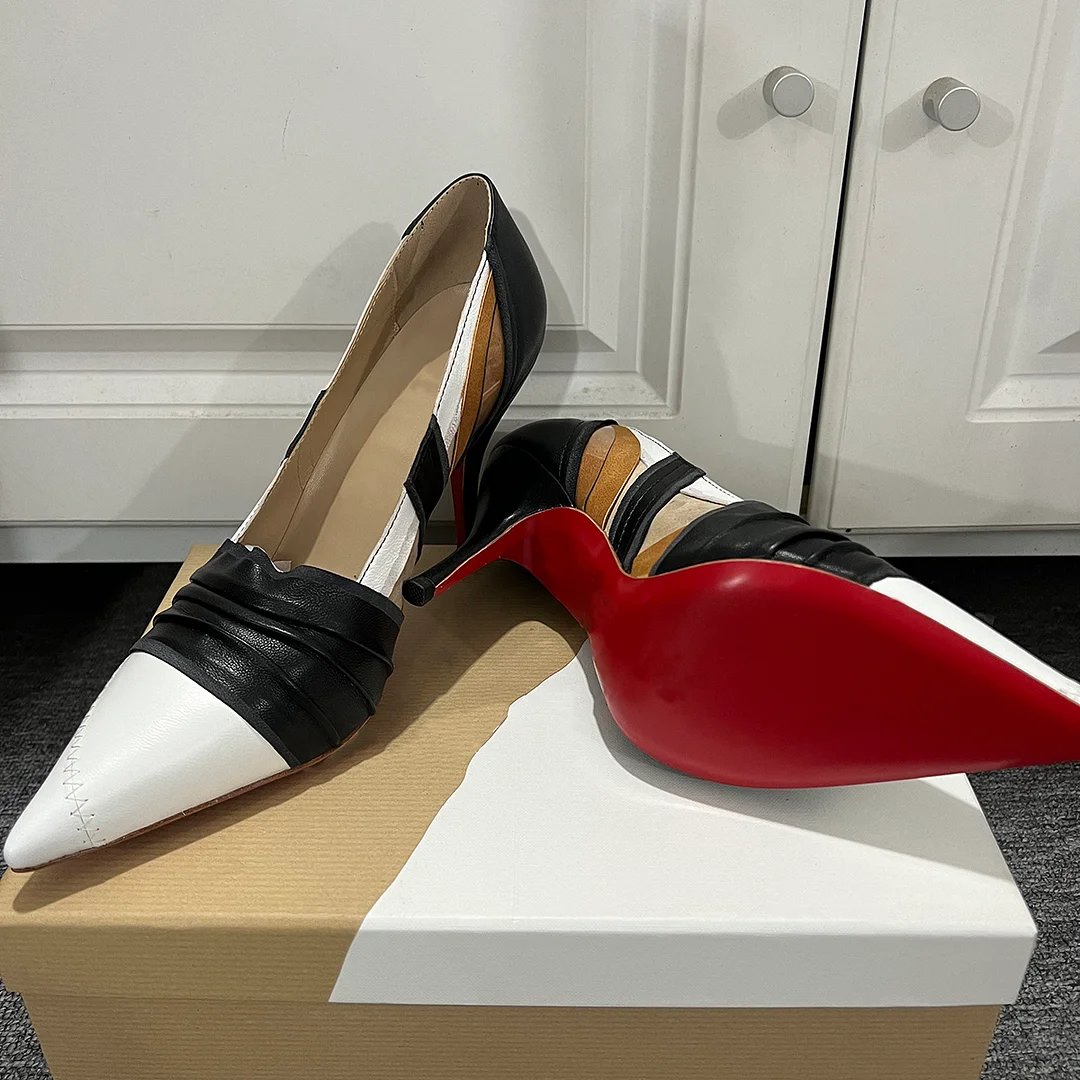 100mm Women's Pointed stilettos Splicing High Heels Red Bottom Shoes Genuine Leather -MERUMOTE