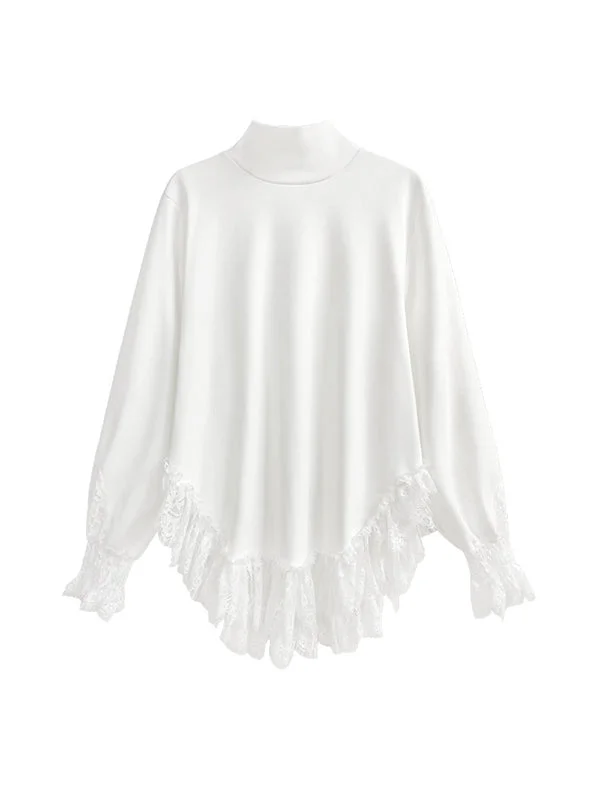 Elegant White High Neck Split-Joint Lace Hem Long Lantern Sleeve T-Shirt