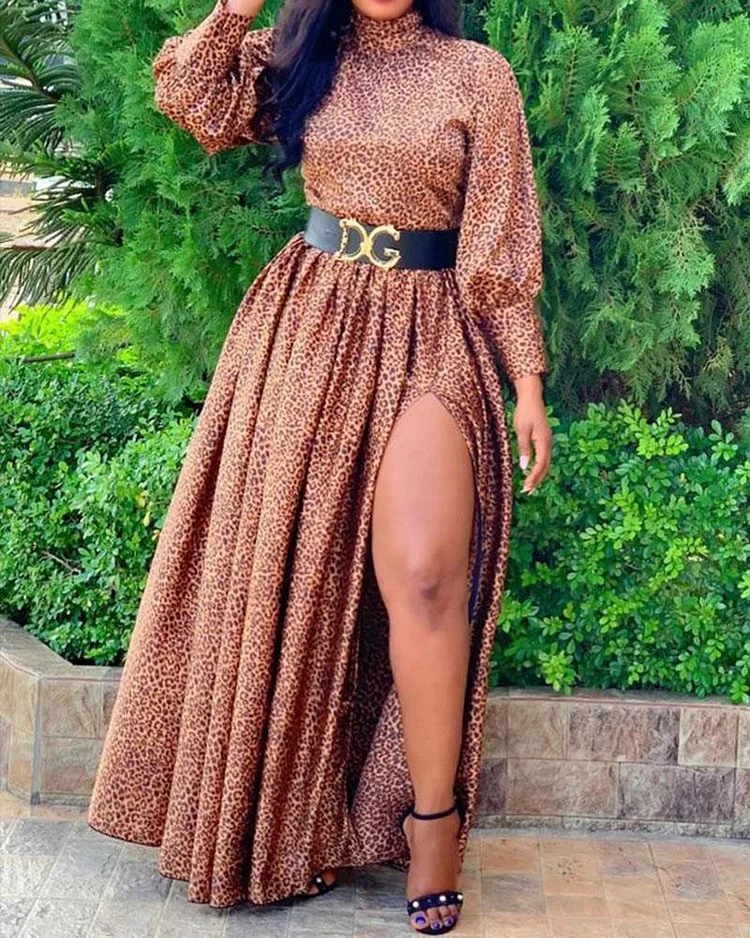 Leopard Print Long Sleeve Split Dress