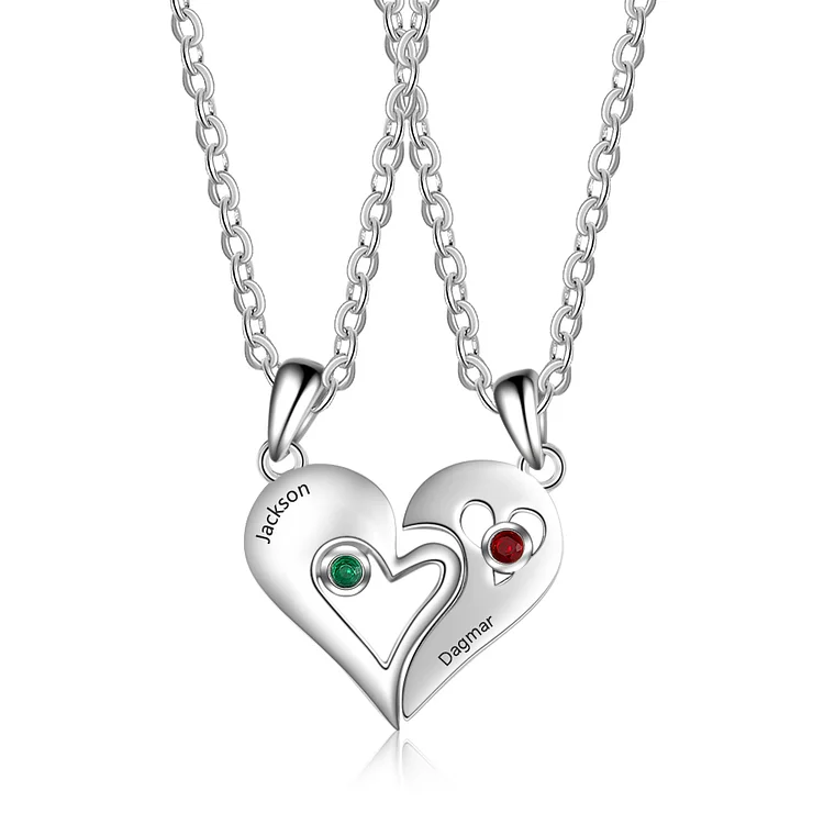 Heart Puzzle Necklace Set Custom 2 Names Birtstones Necklace Couple BFF Gift