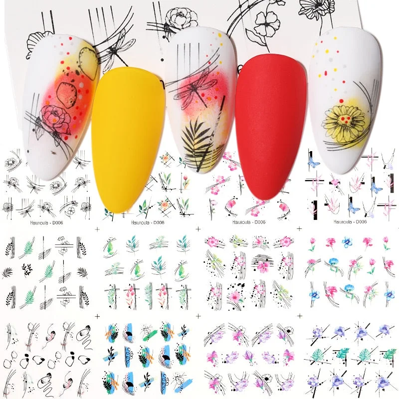 12Pcs Leopard Water Decals Sticker Hollow Floral Flower Leaves Geometry Water Transfer Watermark Foil Slider Decoration