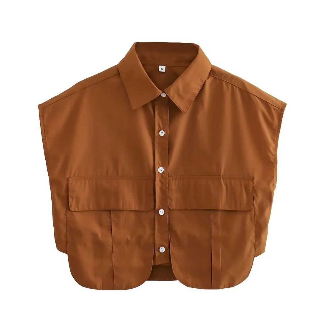 Nigikala Nigikala Color Y2K Women's Big Pocket Splicing Irregular Cardigan Polo Collar Shirt Top A19683