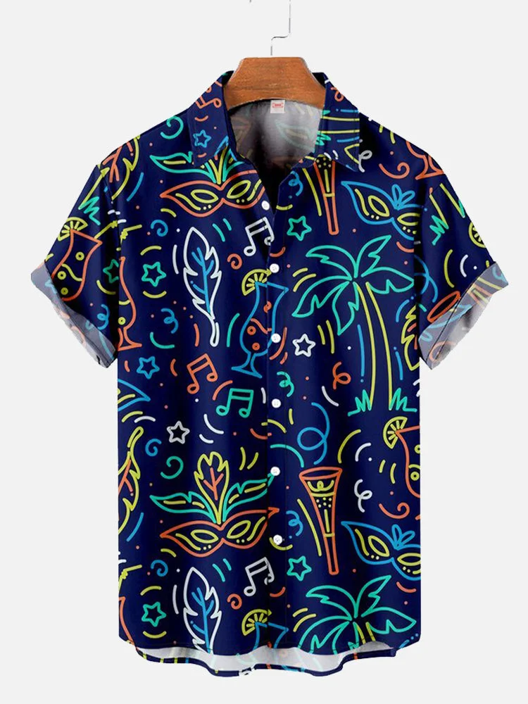 Abstract Hand Drawn Colorful Carnival Pattern Printing Short Sleeve Shirt
