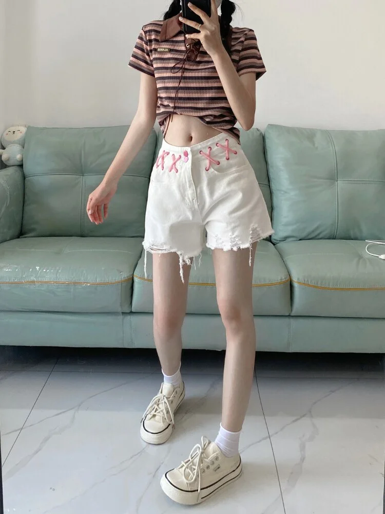 Nncharge New Summer Fashion Irregular Denim Shorts Women Casual High Waist Wide Leg Shorts Lady Vintage Lace-up White Shorts