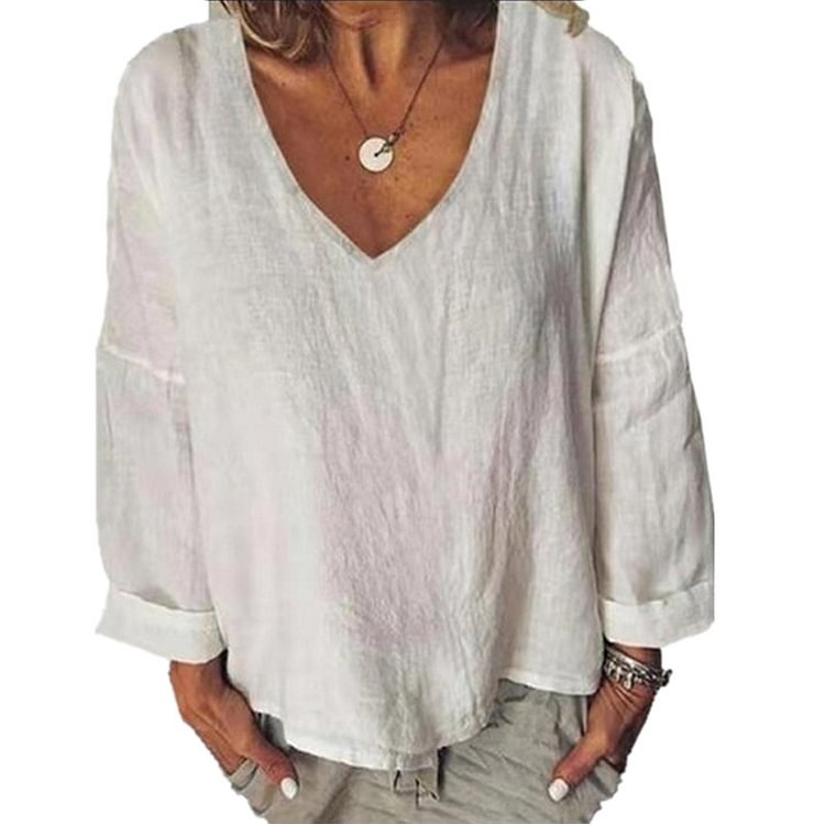 Women's V-neck long-sleeved cotton and linen top