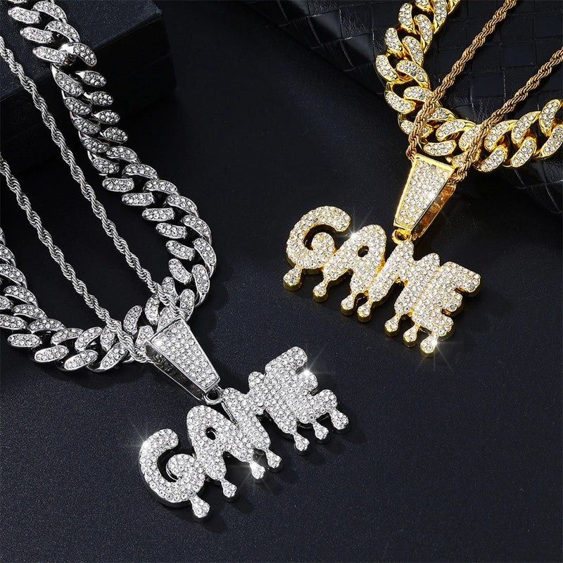 Hip Hop Game Letter Pendant Necklace Full Diamond Full Zirconium Gold Plated Cuban Link Chain Advanced Accessories