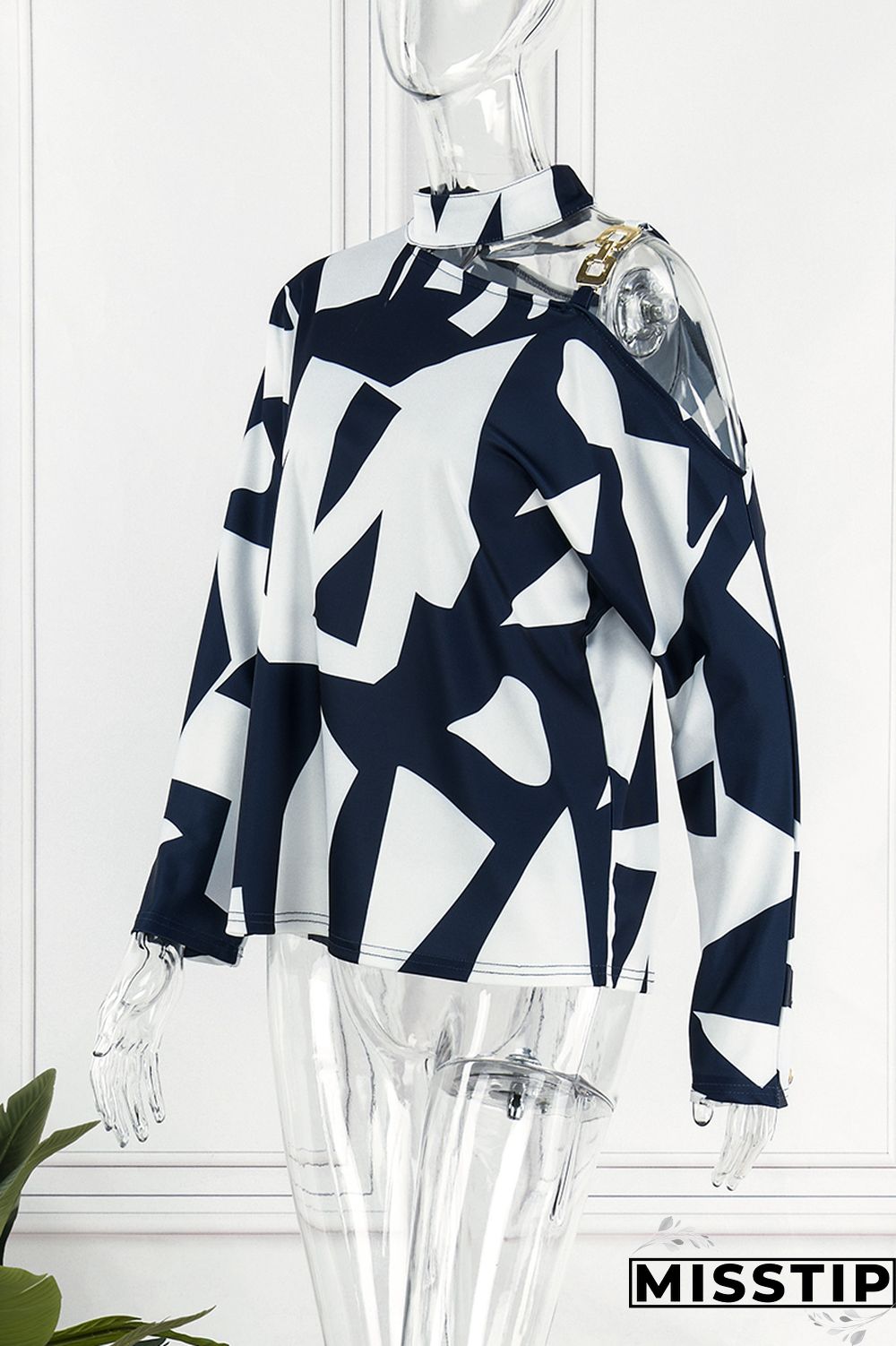 Black khaki Casual Print Hollowed Out Turtleneck Tops