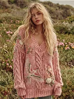 Vintage Boho Roses And Birds Art Chunky Knit Cozy Sweater