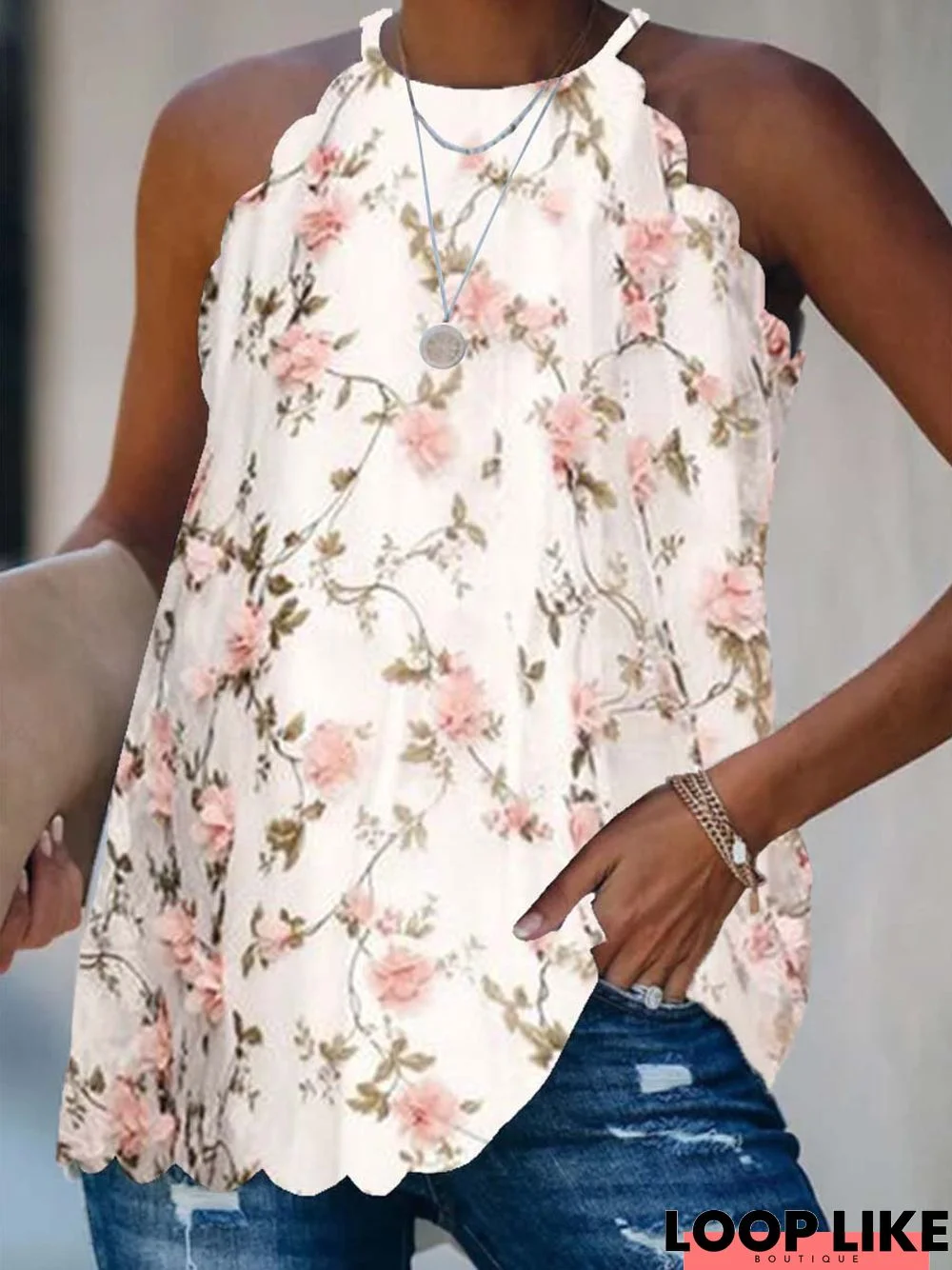 Floral  Sleeveless  Printed  Polyester  HalterOff Shoulder Cold Shoulder  Sexy  Summer  Beige Tunic Top