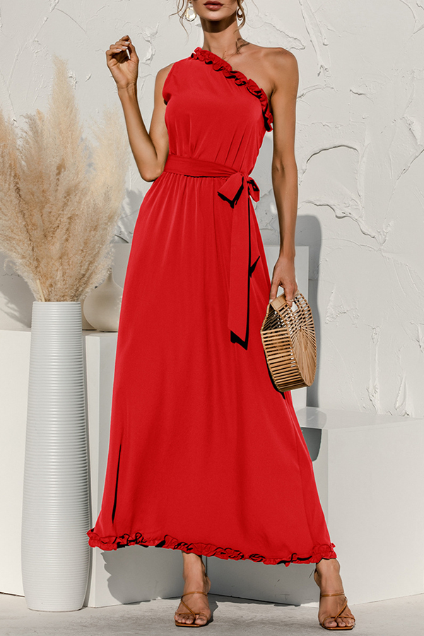 Fashion Elegant Solid With Belt Stringy Selvedge Oblique Collar A Line Dresses(3 colors)