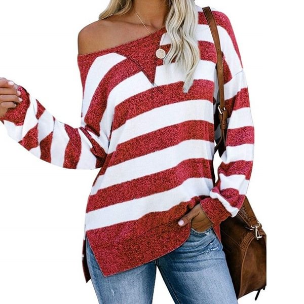 New Women Fashion Long Sleeve O Neck Striped Loose Plus Size Spring Pullover T-shirt Blouse - BlackFridayBuys