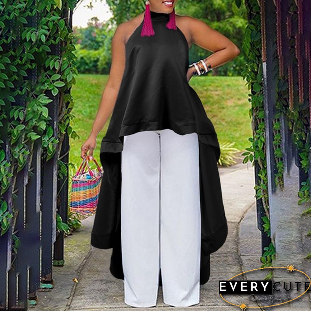 Summer Women Halter Neck Tank Tops Long Dress Sleeveless Backless Casual Loose High Low Blouse Shirt Plus Size