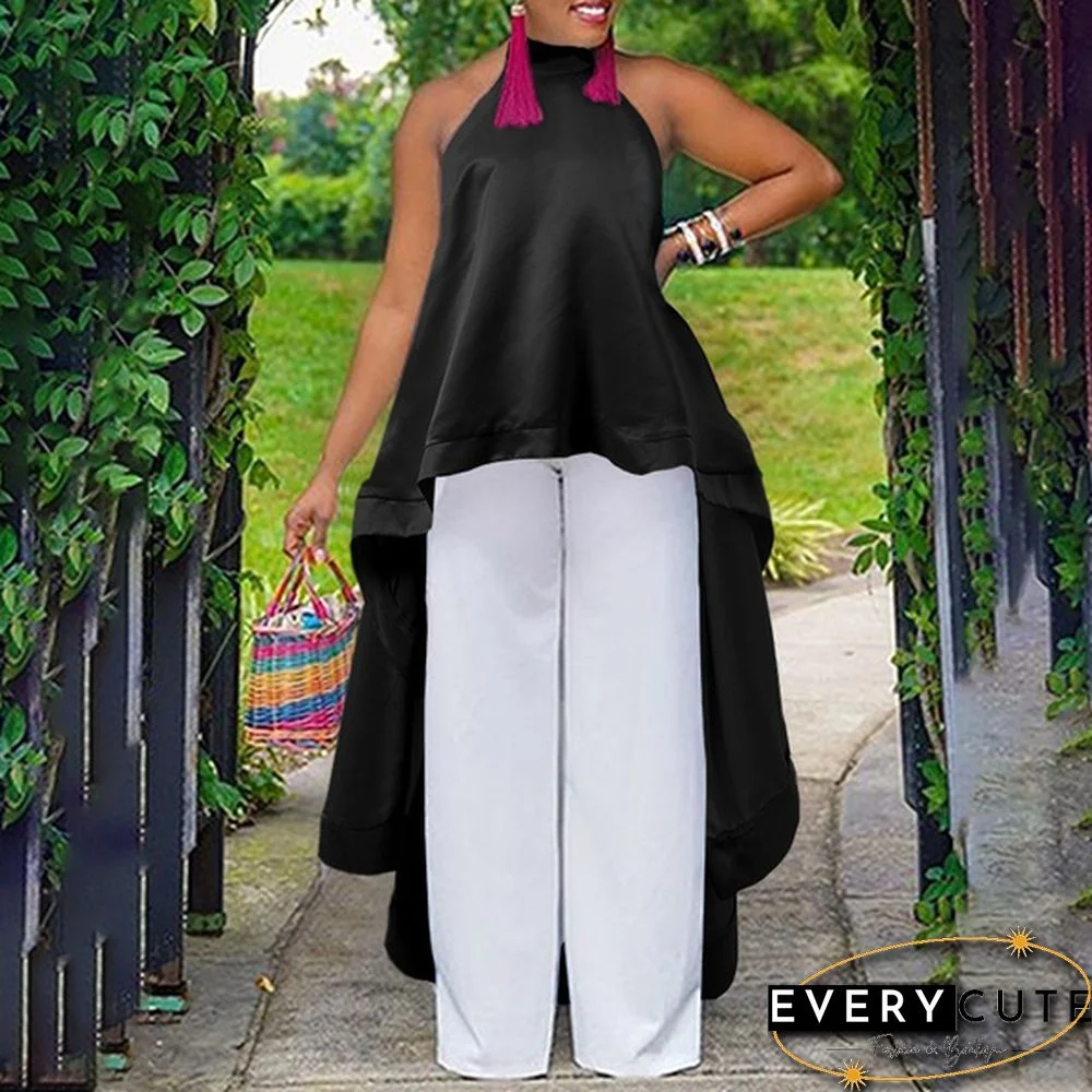 Summer Women Halter Neck Tank Tops Long Dress Sleeveless Backless Casual Loose High Low Blouse Shirt Plus Size