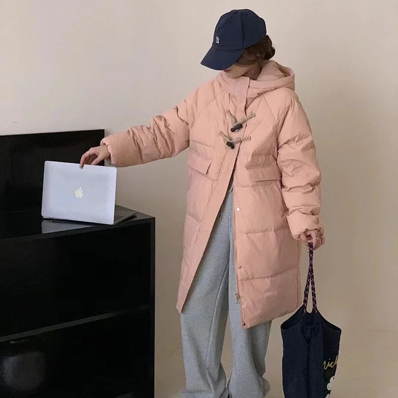 Woherb Hooded Long Down Jacket Female 2024 Winter Fashion And Sweet Design Sense Wooden Barrel Buckle Thick Over The Knee Show Thin Coat-Outfit Ideas