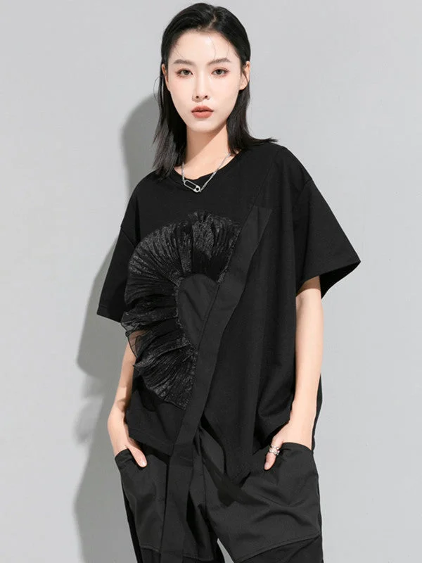 Urban Floral Split-Joint Irregular Round-Neck Black T-Shirt