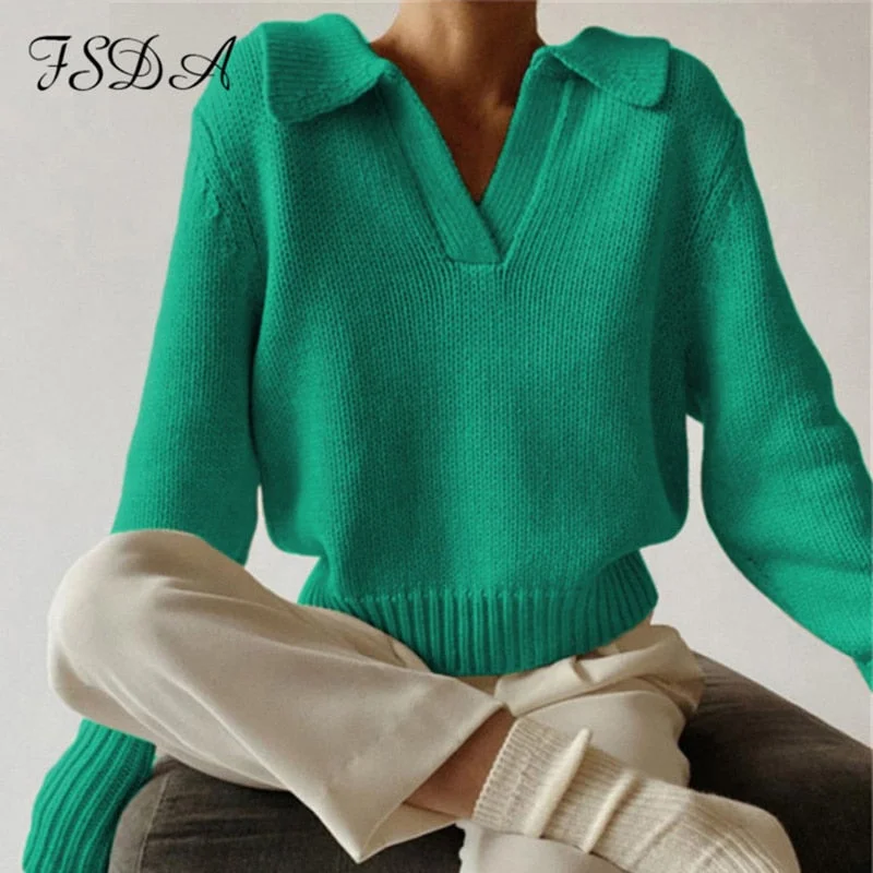 Green Long Sleeve Sweater Knitted Women V Neck Autumn Winter 2022 Fashion Pullover Casual Black Top