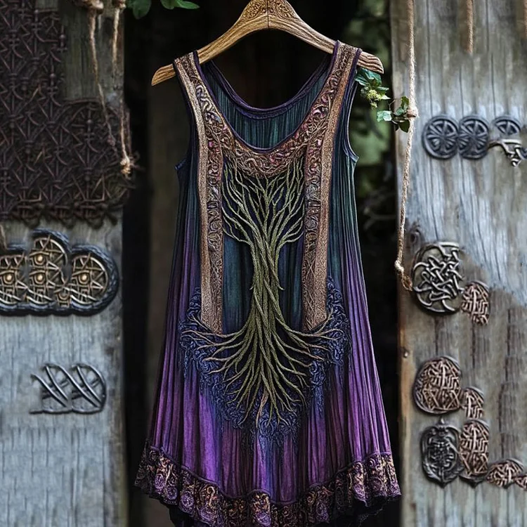 Vintage Celtic Tree Gradient Lace Linen Tank Top