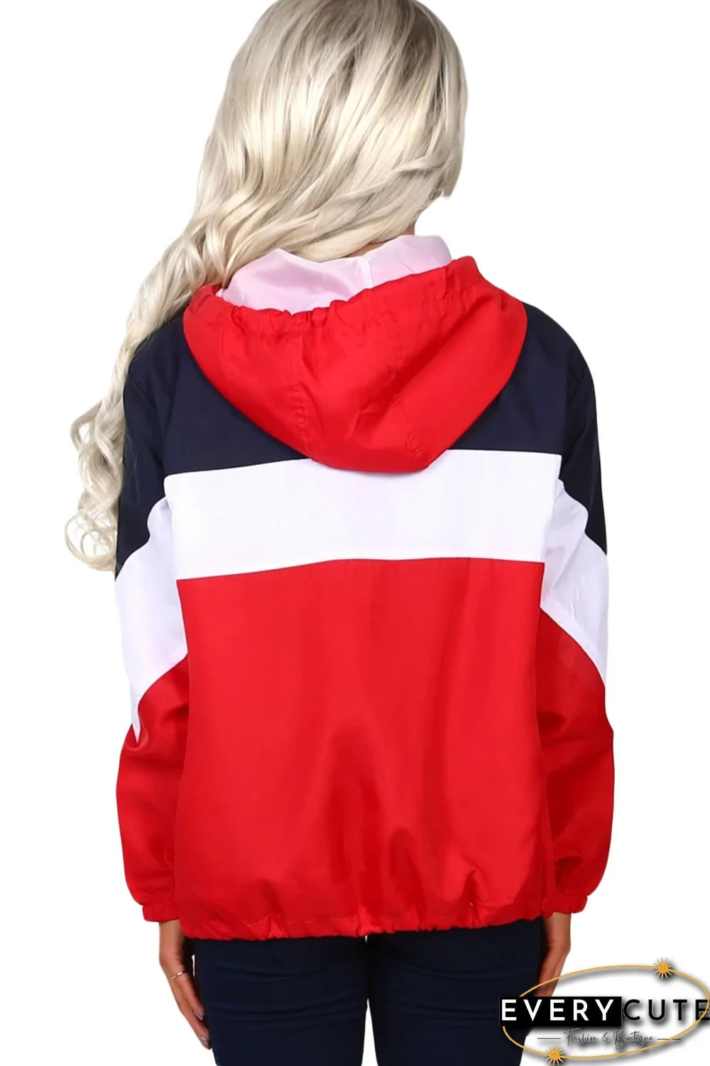 Red Hooded Triple Color Block Sporty Jacket