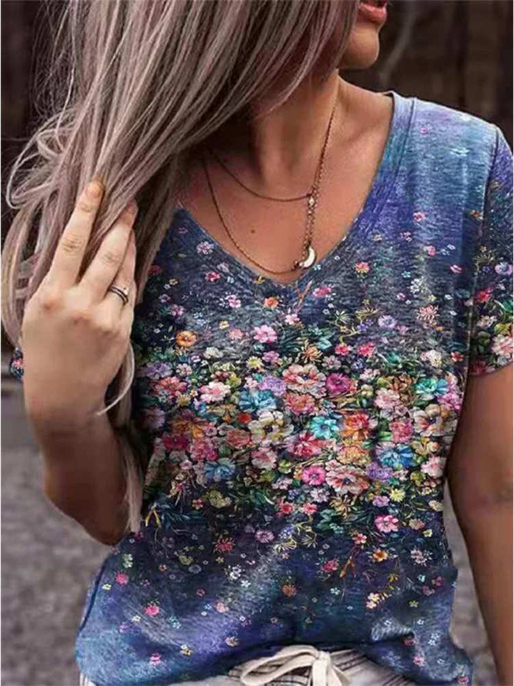 Floral Art Print V Neck T Shirt