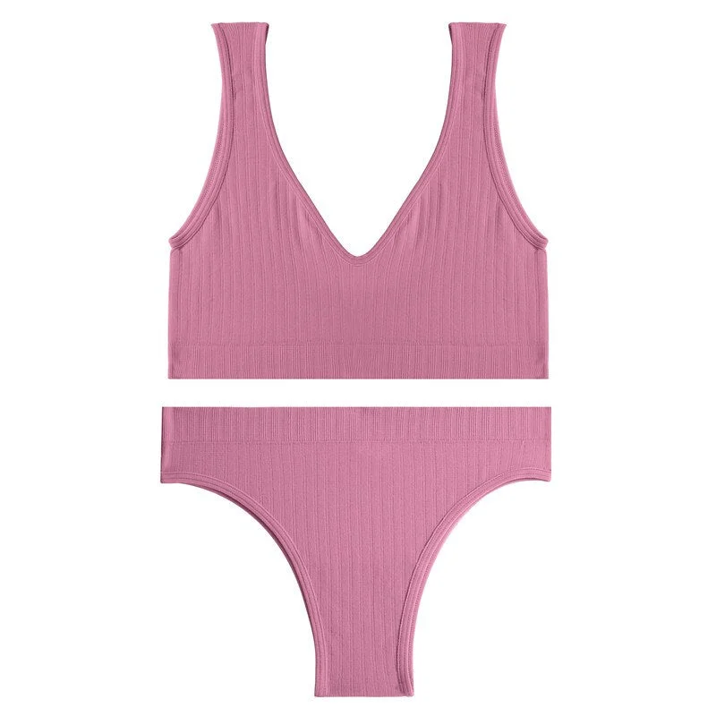 FINETOO Padded Bra Set Women Backless Tops Seamless Panties Female Deep V Bralette M-XL Wireless Bras Suit Ladies Lingerie 2021