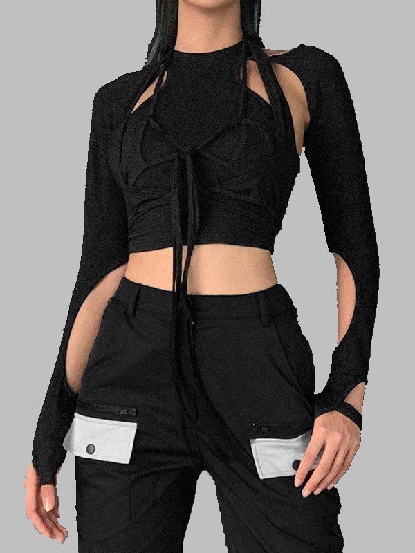 Statement Cutout Solid Color Lace Up Crew Collar Long Sleeve Slim Crop Sweatshirt