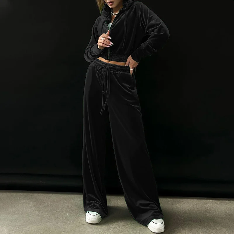Toloer Toloer Spot 2024 Autumn And Winter New Ladies Fashion Hoodie Golden Velvet Sports Casual Pants Suit-Outfit Ideas