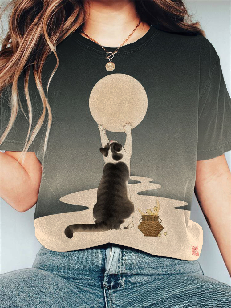 Comstylish Japanese Art Cat And Moon Print Cotton Blend T-Shirt