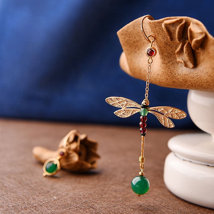Original Green Agate Garnet Asymmetrical Dragonfly Earrings