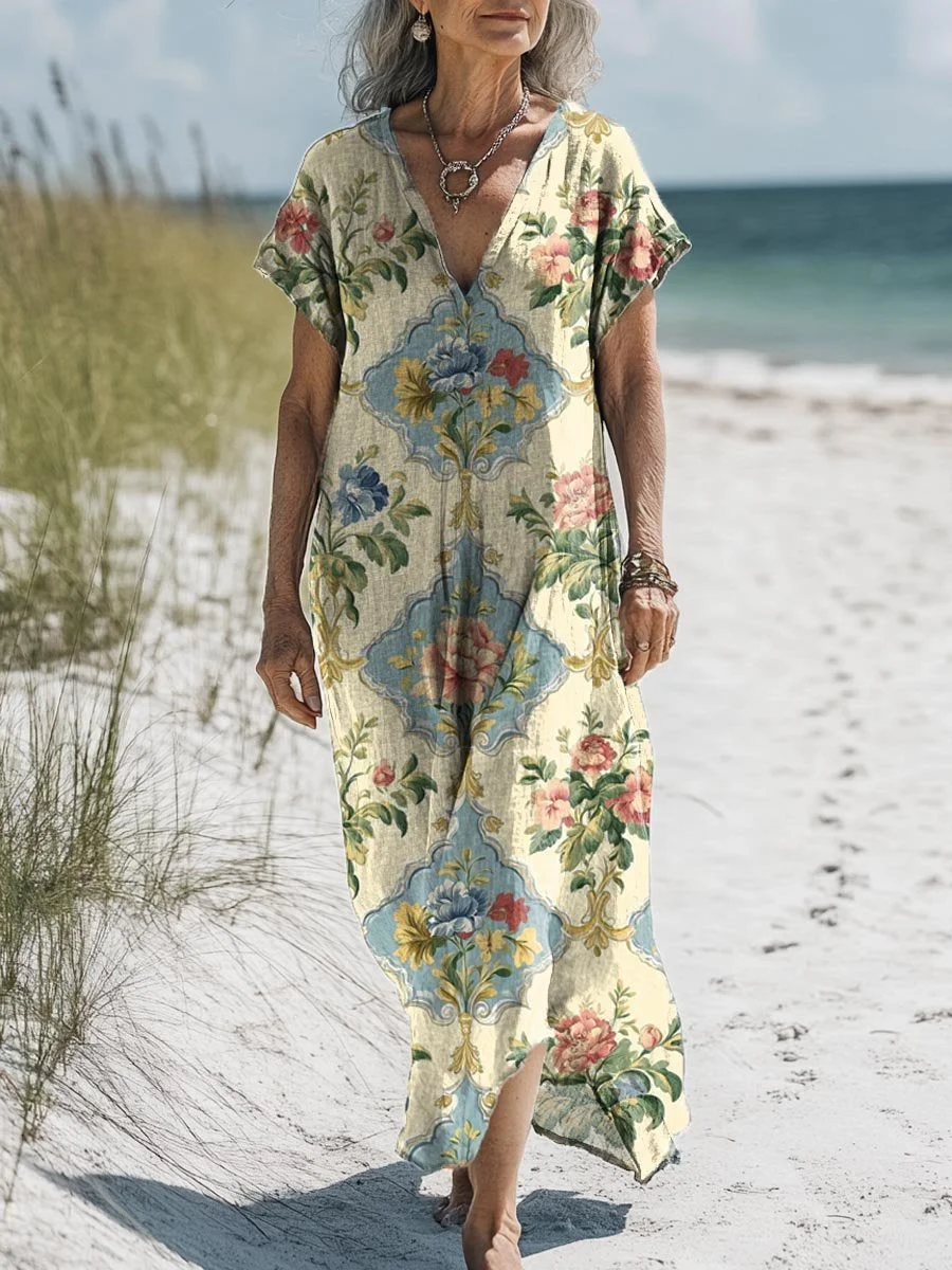 Women's Vintage Lovely Floral Art Print Pocket Cotton Dress