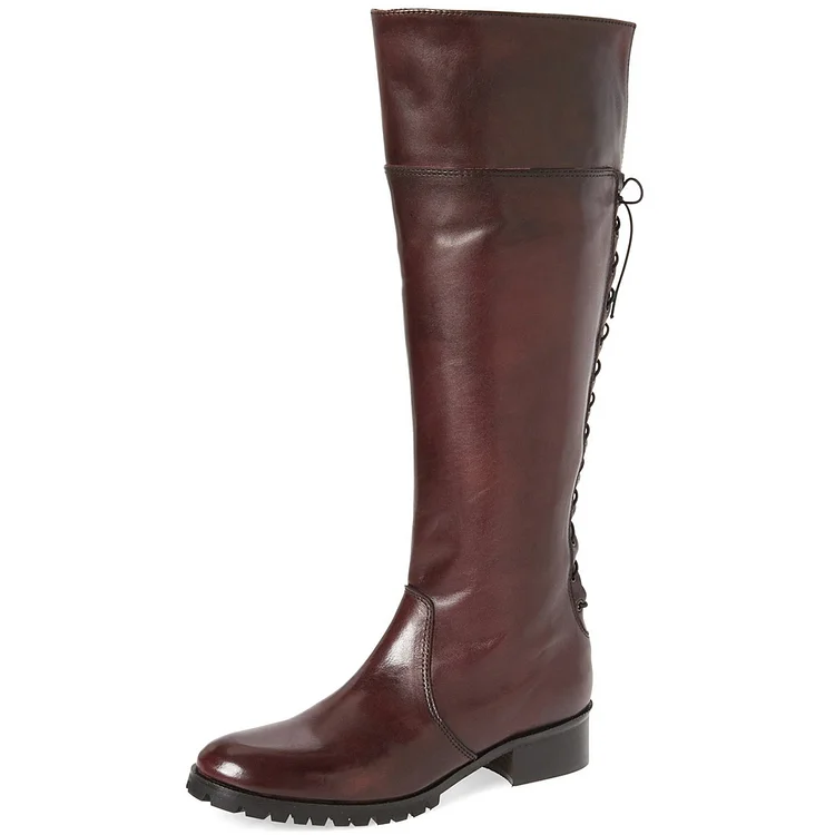 Dark Brown Fashion Boots Round Toe Flat Riding Boots |FSJ Shoes
