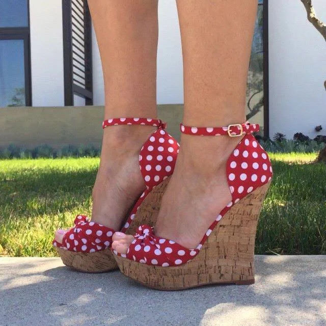 Red and White Polka Dots Cork Wedges Available in Peep Toe Ankle Strap Sandals Vdcoo