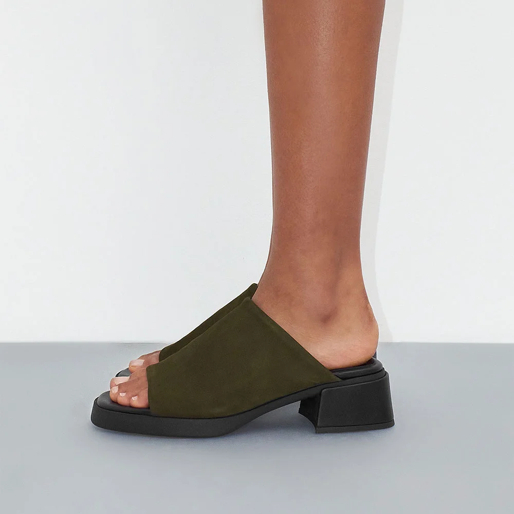 Olive Square Toe Platform Women's Mules Shoes with Chunky Heel