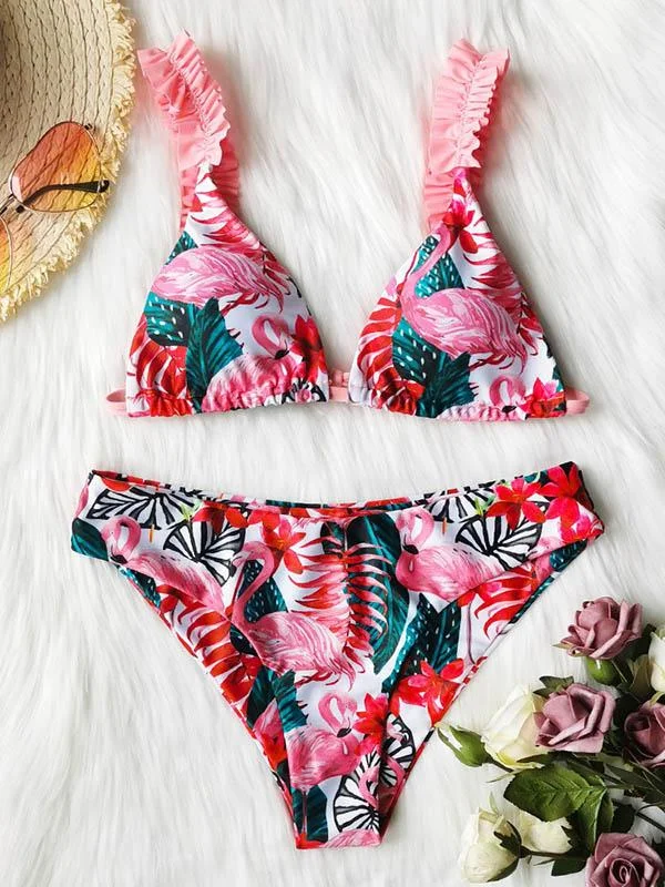 Floral-Print Falbala Split-Joint Split Bikini Swimsuit