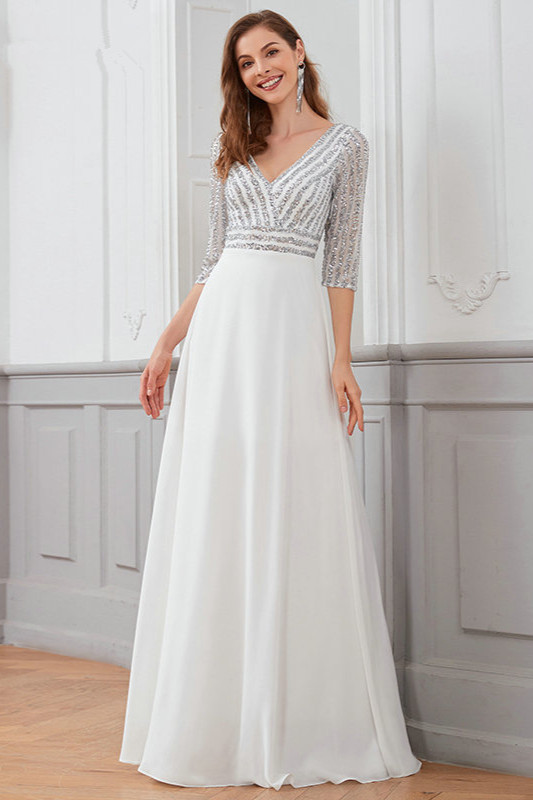 Charming Long Sleeve Sequins Prom Dress Long V-Neck - lulusllly