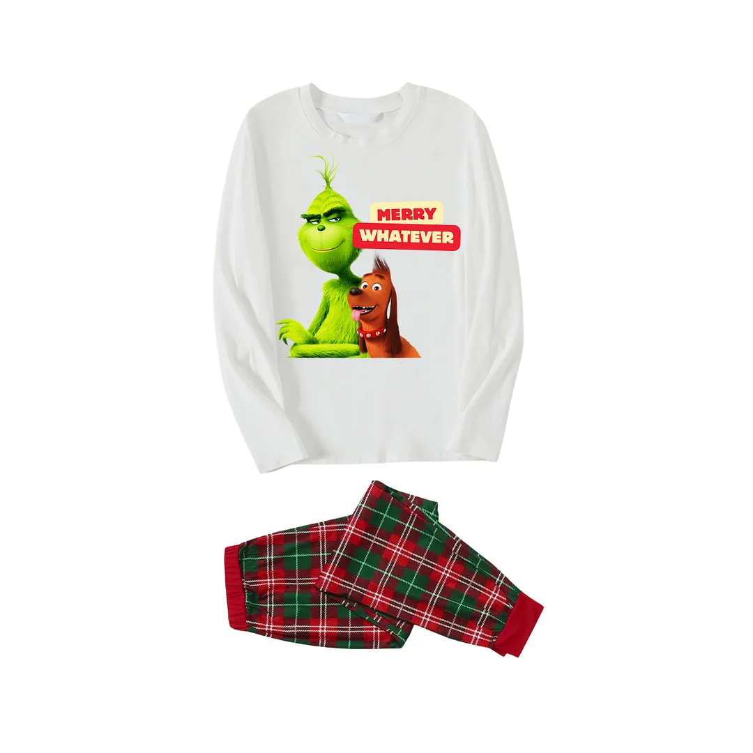 Christmas Cartoon Pattern and "Merry Whatever" Printed Red & Green Plaid Family Matching Pajamas