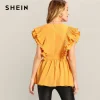 SHEIN Lady Yellow Sexy Pleated Ruffle Embellished Plunging V Neck Blouse Summer Sleeveless Glamorous Peplum Womens Tops