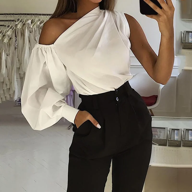 Celmia Blusas Women 2022 Summer Off Shoulder Shirt Elegant Long Sleeve Blouse Fashion Asymmetrical Top Casual Solid Tunic Femme