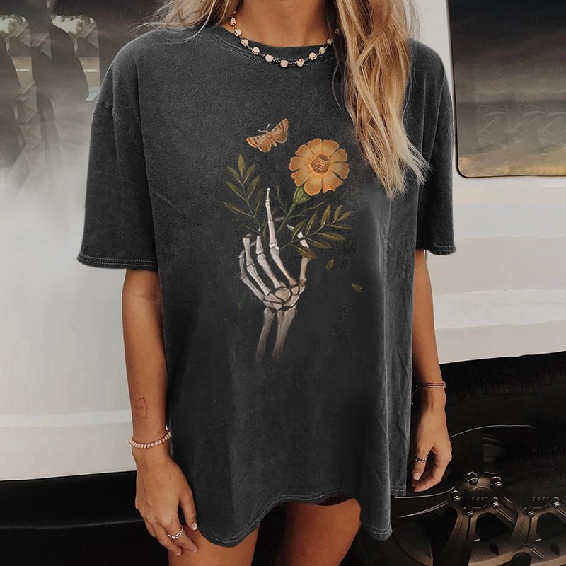   Flower butterfly print Skeleton ladies casual T-shirt - Neojana