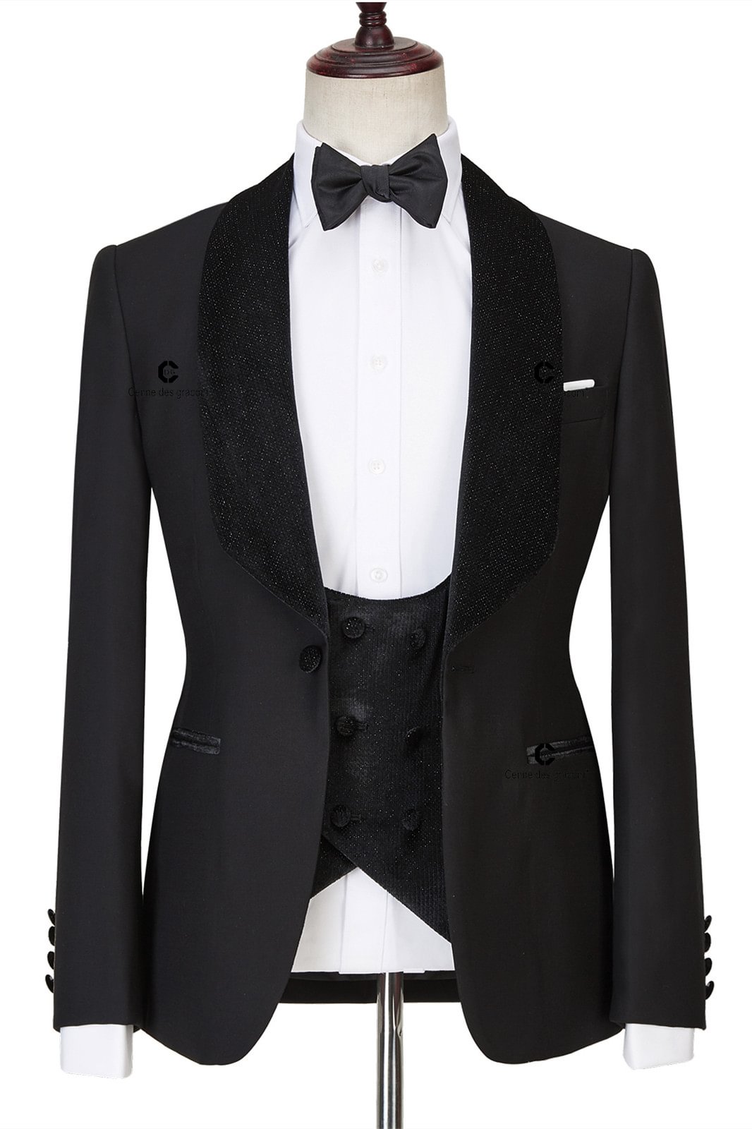 Three Pieces Gentle Black Shawl Lapel Sparkle Men Wedding Suits | Ballbellas Ballbellas