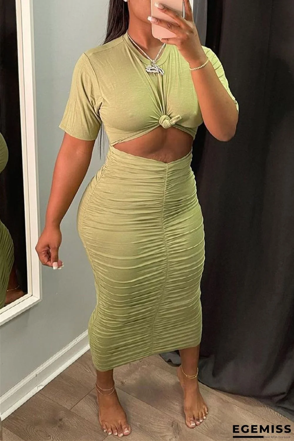 Light Green Sexy Casual Solid Hollowed Out Fold O Neck Short Sleeve Dress | EGEMISS