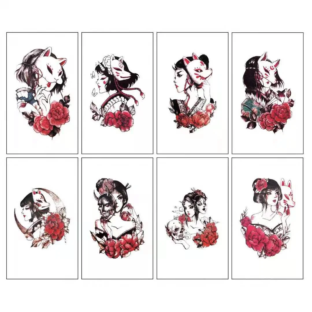 8pcs Temporary Tattoo Devil Mask Japanese Geisha Ukiyo-e Gril Body Art Water Transfer Fake Tatoo Flash Tatto Sticker Men Women