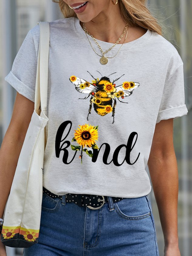 Casual Funny Bee Kind Print Crew Neck T-shirt