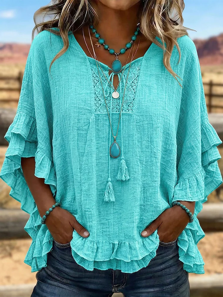 Vintage Art  Patchwork Hollow Design Cotton And Linen Shirt