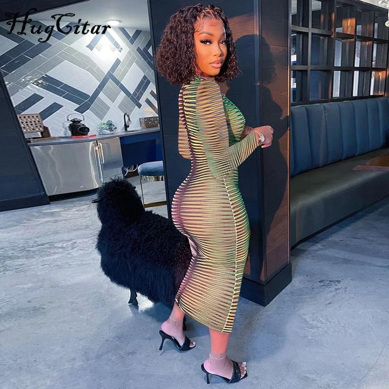 Hugcitar Slip Long Sleeves Sexy See Through Bodycon Maxi Dress 2021 Summer Fall Women Fashion Club Color Print Clothes Y2K Robe