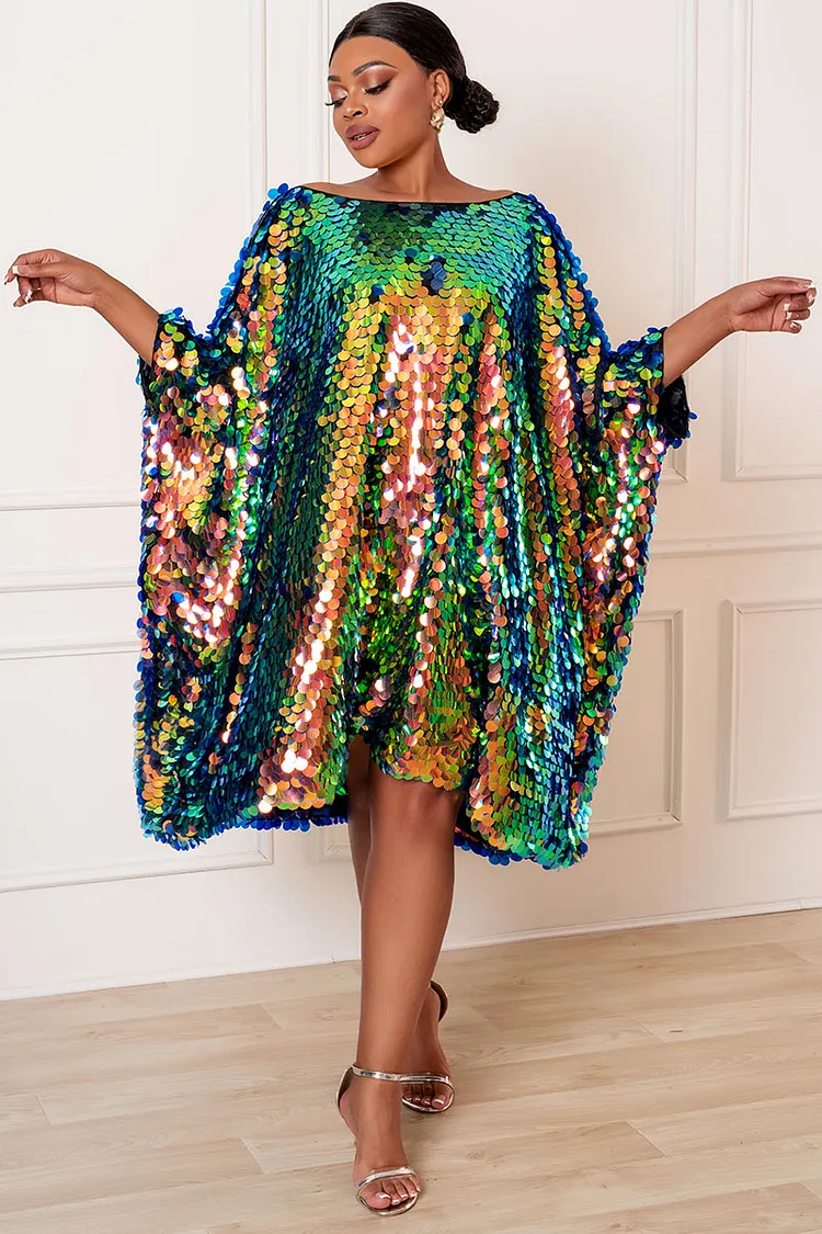 Xpluswear Design Plus Size Gold Party Reflective Sequin Batwing Sleeves One  Shoulder Mini Dress