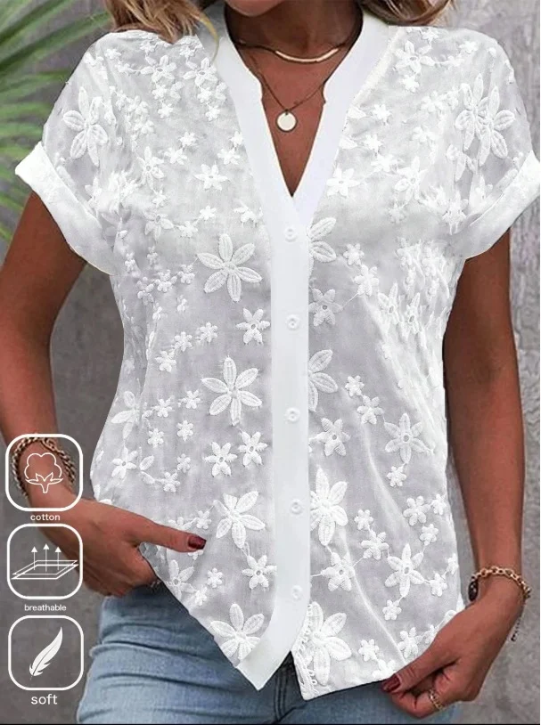 Women's 2024 Casual Shirt White V-Neck Short Sleeve Floral Shirt