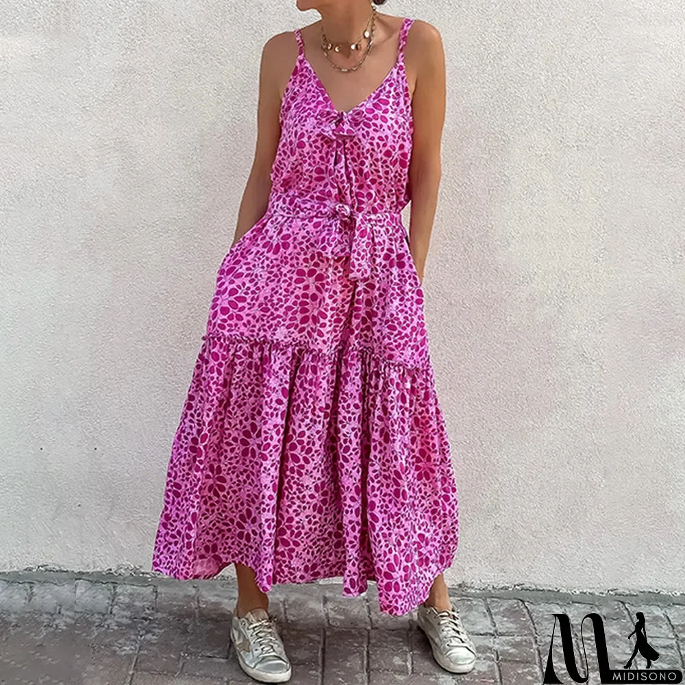 MidiSono - Sexy V-Neck Backless Printed Sleeveless Loose Sling Fashion Strap Beach Maxi Dress