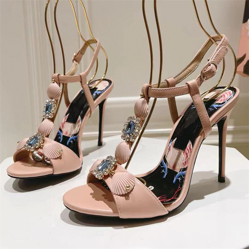 Unique Shell Diamond T-Strap Sandals Women 10cm Stiletto Heel Genuine Leather Print Flower Party Shoes